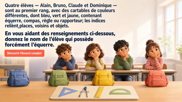 Énigme logique : élèves, cartables et instruments