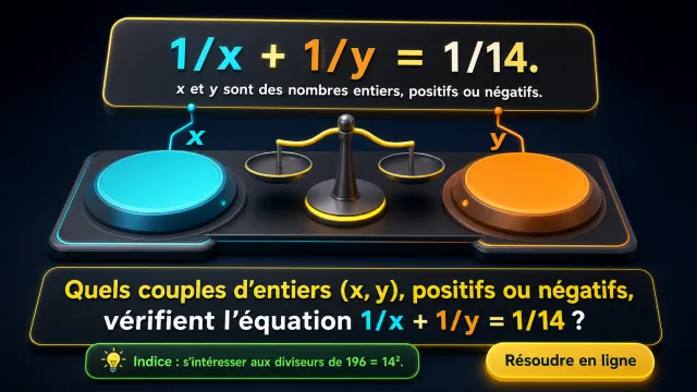 À résoudre en nombres entiers : 1/x + 1/y = 1/14 | Tangente